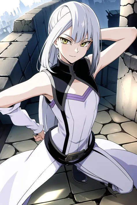masterpiece, best quality,<lora:Copy of TSisters-000019:0.7>,
Grace Tyler, white hair, smirk , yellow eyes, long hair, small breasts, (clothes, clothing :1.4 ) , holding card, posing,
bare arms, (ruins),((( pov ))), looking at viewer, ( on floor ), sfw