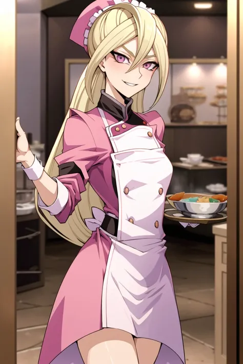 masterpiece, best quality,<lora:TSisters:0.65>,
Gloria Tyler, blonde hair, pink eyes,
(evil smile) , long hair, small breasts, (open clothes :1.4 ),((( in chef outfit))), serving soup, detailed eyes,
(Beautiful restaurant),((( pov ))), looking at viewer, ( on floor ), nighttime