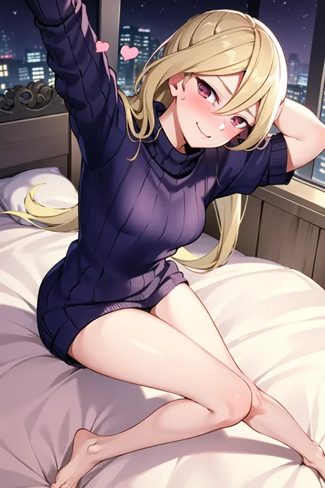 masterpiece, best quality,<lora:TSisters:0.7>,
Gloria Tyler, blonde hair, pink eyes,
(Blush) , long hair, small breasts, (hearts, loving smile),((( Wearing Homely sweater, ))), detailed eyes, ((from above, forced perspective, sitting on bed)), barefoot, arms up
(on bed, bare thighs ),((( ))), looking at viewer, nighttime