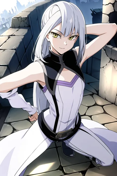 masterpiece, best quality,<lora:Copy of TSisters-000019:0.7>,

Grace Tyler, white hair, smirk , yellow eyes, long hair, small breasts, (clothes, clothing :1.4 ) ,  holding card, posing, 

bare arms,  (ruins),((( pov ))), looking at viewer, ( on floor ), sfw
