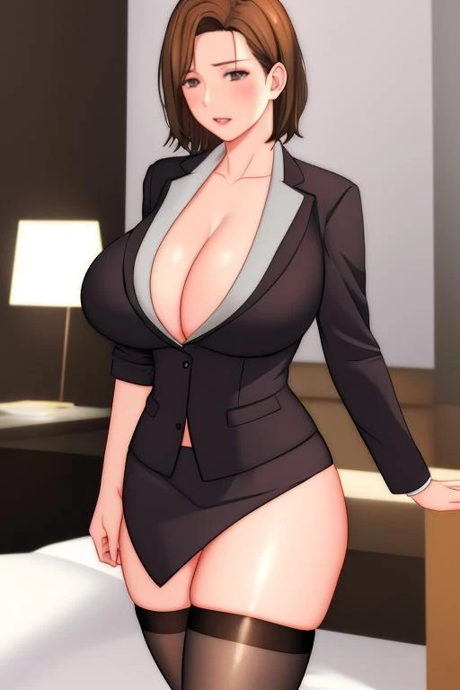 masterpiece,best quality,absurdres,photorealistic,mature female,sagging breasts,<lora:daihua:0.6>,brown_hair,large_breasts,short_hair,brown_eyes,thighhighs,cleavage,office lady,