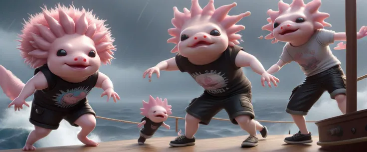 (<lora:Candy_land_2:0.3> img Candy Land style:1.3), [:(23-year-old Elementalcore (anthropomorphic Axolotl:1.4) wearing(Vintage punk concert tee with black cargo shorts):2], [(battle in a storm at sea characters fighting on the deck of a rocking ship:1.3)], pixar,