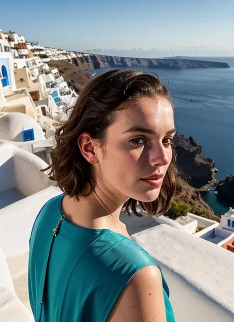 portrait of sks woman in Santorini, overlooking the picturesque white houses and blue domes, by Flora Borsi, style by Flora Borsi, bold, bright colours, ((Flora Borsi)), by Gerda Taro, <lora:lora-small-elizabeth-henstrige-v1:1>