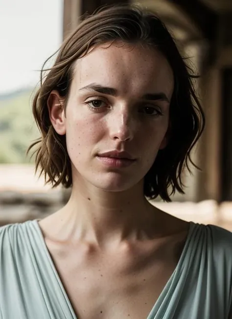 A stunning intricate color close up portrait of (sks woman:1) , wearing Wrap top and wide-leg jumpsuit, epic character composition, sharp focus, natural lighting, subsurface scattering, f2, 35mm, film grain, , by Gerda Taro, <lora:lora-small-elizabeth-henstrige-v1:1>