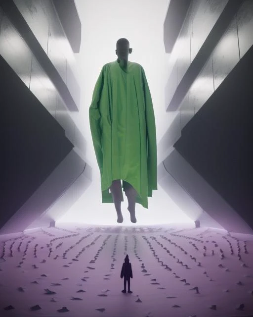 a man in a cape standing in front of a crowd of people in a building , c4d