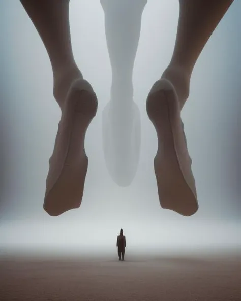 a person standing in front of a statue of a horse in a foggy room , c4d