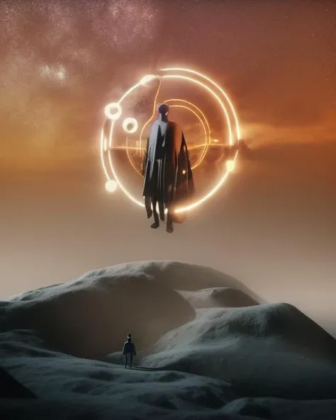 a man standing on a rock with a circle around him and a star in the sky , c4d