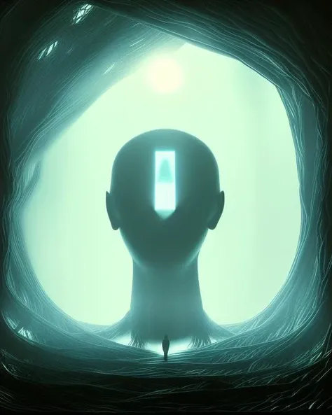 a man standing in a tunnel with a light shining in his head and a tree with branches , c4d