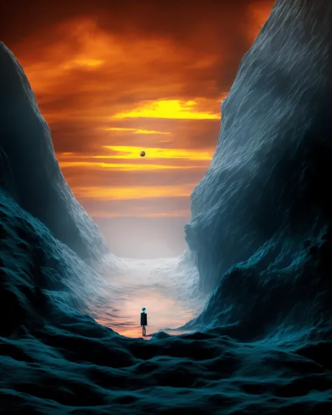 a man standing in a cave with a bird in his hand and a sunset behind him , c4d