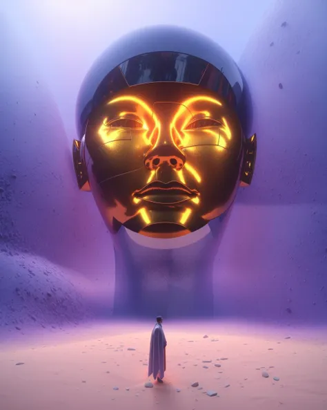 a man standing in front of a giant sculpture of a man's head and a woman, Beeple, c4d, a raytraced image, hypermodernism ,  Beeple, redshift render, a raytraced image, global illumination, a 3D render,  volumetric light, photorealism,