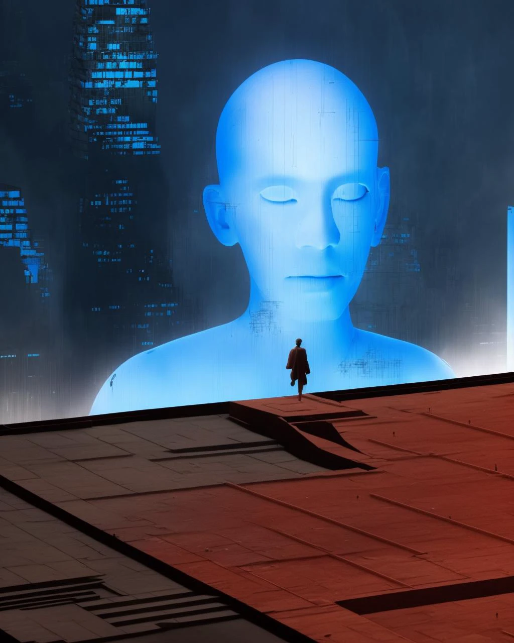 a man standing on top of a building next to a giant screen with a man standing on , c4d