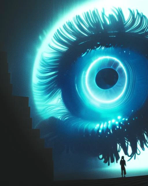 a person standing on a ledge looking at a large eye with a bright light coming out of it , c4d