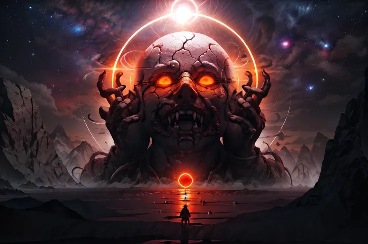 (masterpiece, best quality, hires), solo, sky, outdoors, floating, god of blood, clear sky, moonpunk, <lora:Journey_to_the_Gods:0.8> scenery, giant, halo, sunlight, cosmic horror, sun, humanoid, shining fangs