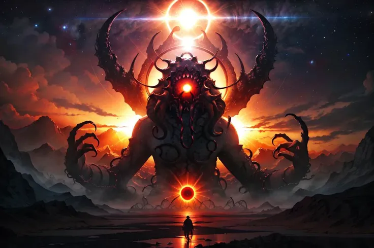 (masterpiece, best quality, hires), solo, sky, outdoors, floating, god of blood, clear sky, horror, <lora:Journey_to_the_Gods:0.6> scenery, giant, halo, sunlight, cosmic horror, sun, shining fangs, eldritch abomination, asymmetrical