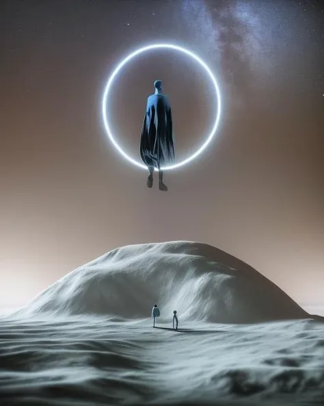 a man standing on a rock with a circle around him and a star in the sky , c4d