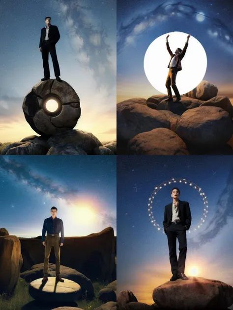 a man standing on a rock with a circle around him and a star in the sky , c4d