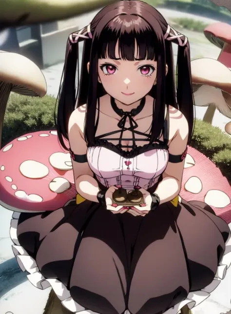 1girl,solo,black hair,smile,breasts,ribbon,long hair,two side up,hair ribbon,pink eyes,twintails,medium breasts,looking at viewer,bangs,blunt bangs,lipstick,<lora:RubyT-011:0.8>,(mushroom forest background:1.2),(silver trim :1.2),(Sitting, pretending to hold a teddy bear's tea party :1),