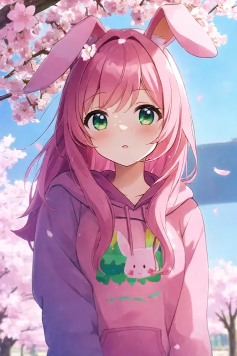 masterpiece, best quality, 1girl, solo, rabbit ears, pink hair, green eyes, pink flower hoodie, looking at viewer, outdoors, cherry blossoms, wind