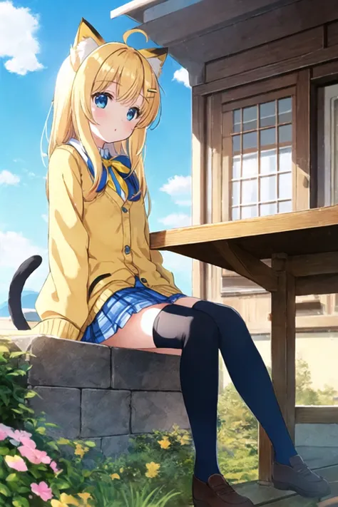 masterpiece, best quality, 1girl, flat chest, outdoors, blue sky, blonde hair, blue eyes, looking at viewer, hair ornament, hairclip, bangs, cat ears, yellow cat tail, petite, yellow cardigan, long sleeves, plaid skirt, black thighhighs, pear, blue bow, ahoge, :o, sitting, building, house - created with PixelPet.io