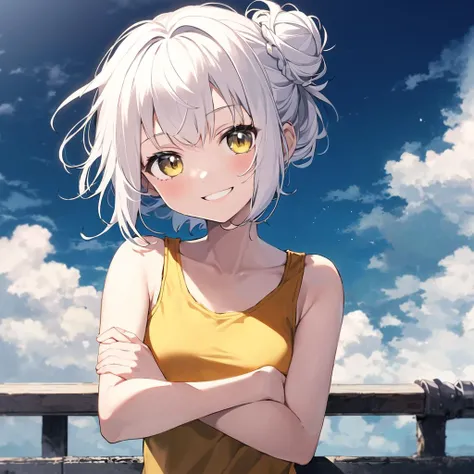 masterpiece, best quality, 1 girl, outside, sunny, cloudy sky, looking at viewer, smiling, arms crossed, white hair in a messy bun, medium shot, yellow shirt, tank top