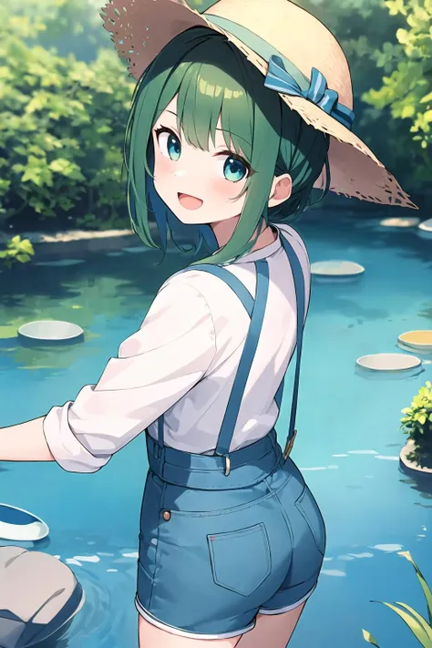 masterpiece, best quality, 1girl, solo, green hair, blue eyes, blue fishing hat, white shirt, suspenders, blue shorts, pond, from behind, looking at viewer, :d,