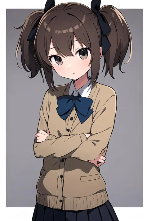 masterpiece, best quality, 1girl, solo, brown hair, black eyes, twintails, hair ribbon, school, pleated skirt,