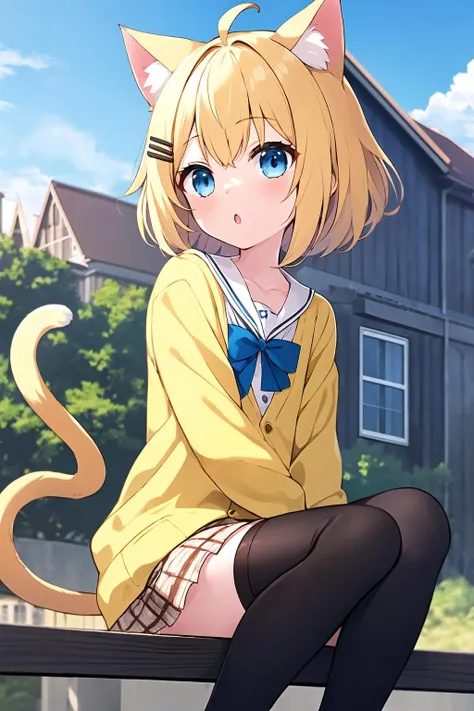 masterpiece, best quality, 1girl, flat chest, outdoors, blue sky, blonde hair, blue eyes, looking at viewer, hair ornament, hairclip, bangs, cat ears, yellow cat tail, petite, yellow cardigan, long sleeves, plaid skirt, black thighhighs, pear, blue bow, ahoge, :o, sitting, building, house,