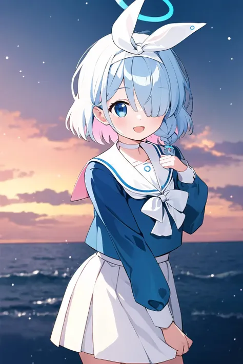 masterpiece, best quality, 1girl, solo, <lora:chara-arona-v1:0.7>, arona, short hair, single braid, blue shirt, school uniform, white skirt, white choker, white hairband, white sailor collar, halo, hair over one eye, ocean, sky, :d,