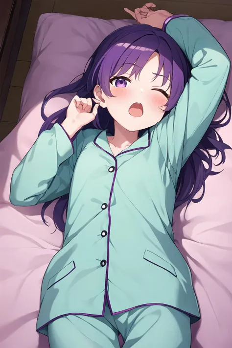 masterpiece, best quality, 1girl, solo, purple hair, purple eyes, pajamas, sleepwear, long sleeves, blush, indoors, bedroom, futon, looking at viewer, yawning, one eye closed, star, lying, from above,