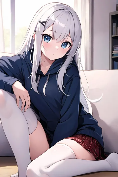 masterpiece, best quality, 1girl, solo, white thighhighs, plaid skirt, navy hoodie, sitting, on floor, white hair, blue eyes, long hair, indoors, living room, hair ornament, knee up, hairclip,