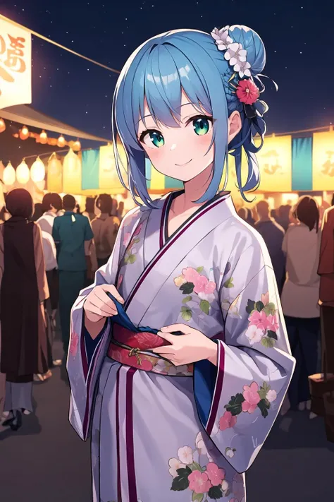 masterpiece, best quality, 1girl, solo, blue hair, green eyes, hair bun, outdoors, summer festival, flat chest, kimono, print kimono, long sleeves, night sky, night, hair ornament, smile, people,