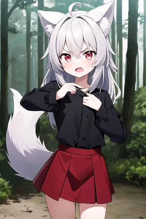 masterpiece, best quality, 1girl, solo, wolf ears, wolf tail, red eyes, grey hair, fang, outdoors, forest, black clothes, red skirt, open mouth, looking at viewer, flat chest, red line on skirt, long sleeves, messy hair, clenched hand, ahoge, v-shaped eyebrows,