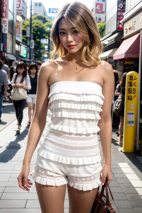 (realistic:1.3), finely detailed, quality, rembrandt lighting, (masterpiece:1.2), (photorealistic:1.2), (best quality), (detailed skin:1.3), (intricate details), dramatic, ray tracing, 1girl, japanese girl, 21 years old, detailed skin texture, (blush:0.5), (goosebumps:0.5), subsurface scattering, smiling, medium breasts, short hair curls, bangs, hair between eyes, rom_1, strapless white ruffled romper, cowboy shot, (bright sunny day, tokyo, Harajuku, Takeshita Street, fashion boutiques, street vendors, sky), <lora:rom_1:0.6>
