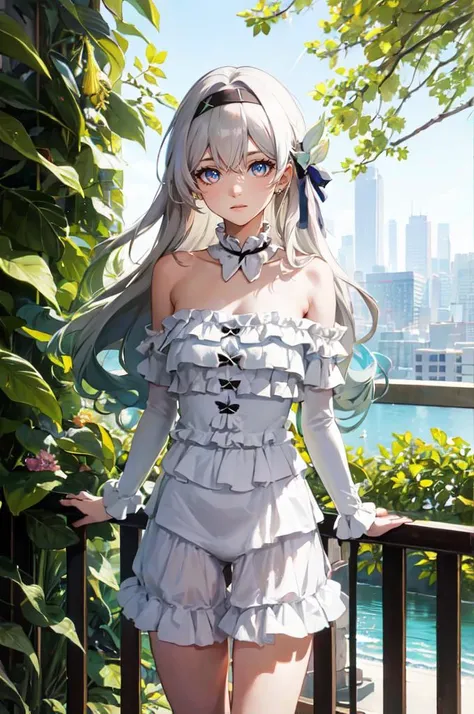 solo, <lora:rom_1:0.7> rom_1, strapless white ruffled romper, <lora:firefly-v2-kozue:0.7> 1girl, blue eyes, grey hair, long hair, hair ornament, black hairband,, absurdres, ultra detailed, masterpiece, best quality, aesthetic, detailed,