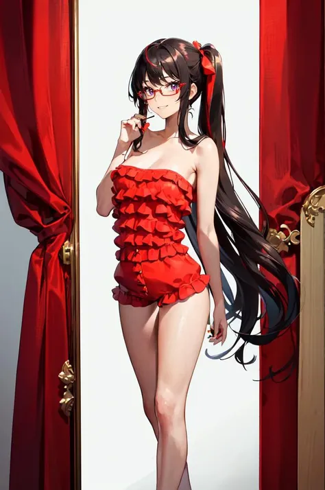 (red romper:1.5), <lora:rom_1:0.7> rom_1, strapless white ruffled romper,, absurdres, ultra detailed, masterpiece, best quality, aesthetic, detailed,, solo, smug smile, 1girl, purple eyes, red-framed eyewear, (black hair, red colored tips:1.2), red streaked hair, very long hair, side ponytail, tied hair, medium breasts,
