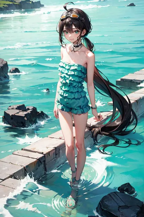 (aqua romper:1.5),  <lora:rom_1:0.7> rom_1, strapless white ruffled romper,, absurdres, ultra detailed, masterpiece, best quality, aesthetic, detailed,, katya1, solo, smile, 1girl, aqua eyes, black hair, <lora:low_ponytail-1.0:0.7> low ponytail, ahoge, absurdly long hair, very long hair, hair flaps, hair between eyes, bangs, crossed bangs, messy hair, small breasts, goggles on head, closed mouth,