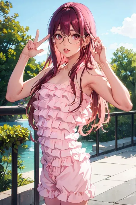 Small chest, (skin-tight short romper, spaghetti straps, ribbed fabric, hip cutouts, straight hem), thigh gap, short auburn twintails, enchanting green eyes, freckles, glasses, standing, shy. Amusement park. 