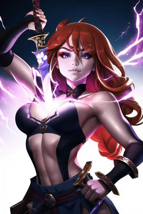 Highly detailed, High Quality, Masterpiece, beautiful, 1girl, solo,, wonhan, freckles, very long hair, <lora:Char_Nisego_Wonhan:0.9>, (booba sword:1.2), cleavage, sword, holding sword, electricity, <lora:Pos_BoobaSword:0.5>, orange hair, orange eyes,