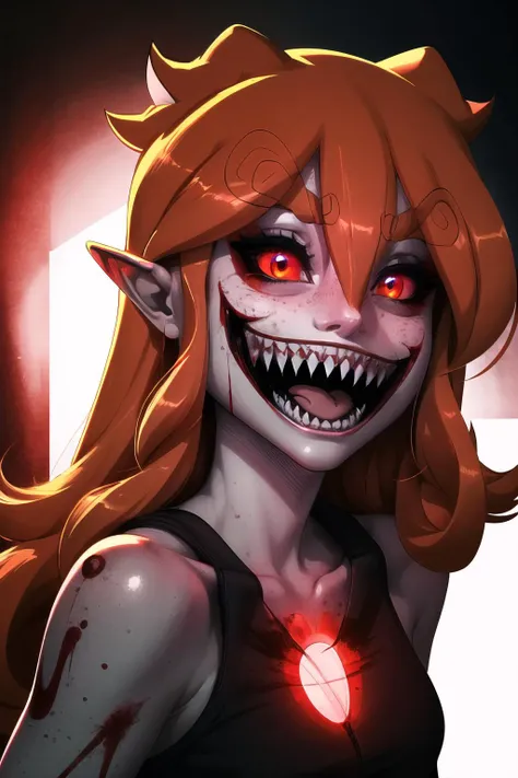 Highly detailed, High Quality, Masterpiece, beautiful, 1girl, solo,, wonhan, freckles, very long hair, <lora:Char_Nisego_Wonhan:0.9>, Exe, teeth, horror (theme), red eyes, smile, sharp teeth, glowing, dark, blood, tongue, grin, glowing eyes, evil smile, <lora:Pos_EXEHardcore:0.6>