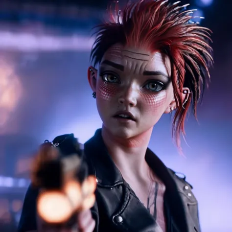 <lora:art3mis_sdxl_rsized_256_bf16:1> art3mis, wearing a shiny red evening dress, choker, with a gun in her hand pointing at camera and looking at the camera, Adam Rex, punk, a character portrait, antipodeans, (sharp focus:1.2), photo, attractive woman, (beautiful face:1.1), detailed eyes, luscious lips, (cat eye makeup:0.85), (large eyes:1.0), (toned body:1.2), (long hair:1.2), (moody lighting:1.2), depth of field, bokeh, 4K, HDR. body freckles, beautiful eyes, beauty marks,