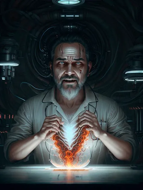 (extremely detailed CG unity 8k wallpaper, hasselblad award winner), detailed full-length photo of a (mad 40 years old man), Soviet scientist conducts a ((crazy experiment)), <lora:stylepunk_BioPunkAI:1>, stands in a futuristic laboratory, disdain and angry, serious look, bloody experiment, ((crazy scientist with crazy eyes)), (close up), ((evil grin)), electricity everywhere, cinematic lighting, ambient soft lighting, dramatic lighting, diffused soft lighting, ((the horrific consequences) of the experiment around), elite, rich, highly detailed, intricate, small breasts, 8k HD, full body 8k render, photorealistic digital art trending on Artstation 8k HD high definition detailed realistic, masterpiece, high quality, sharp focus, hdr, cinema shot, trending on ArtStation, Intricate, High Detail, Sharp focus, dramatic, photorealistic painting art by midjourney
