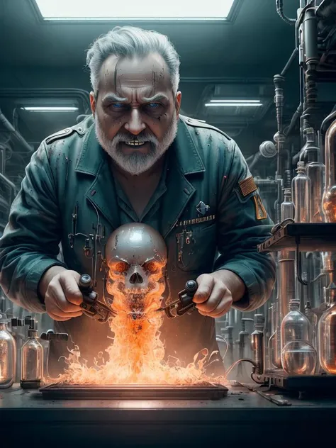 (extremely detailed CG unity 8k wallpaper, hasselblad award winner), detailed full-length photo of a (mad 40 years old man), Soviet scientist conducts a ((crazy experiment)), <lora:stylepunk_BioPunkAI:0.5>, stands in a futuristic laboratory, disdain and angry, serious look, bloody experiment, ((crazy scientist with crazy eyes)), (close up), ((evil grin)), electricity everywhere, cinematic lighting, ambient soft lighting, dramatic lighting, diffused soft lighting, ((the horrific consequences) of the experiment around), elite, rich, highly detailed, intricate, small breasts, 8k HD, full body 8k render, photorealistic digital art trending on Artstation 8k HD high definition detailed realistic, masterpiece, high quality, sharp focus, hdr, cinema shot, trending on ArtStation, Intricate, High Detail, Sharp focus, dramatic, photorealistic painting art by midjourney