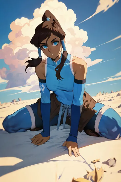 1girl, (solo:1.2), (masterpiece:1.2), (best quality:1.2)
<lora:Aurahack [MockAi - v1.0]:1> aurahack, (film grain:1.4), (simple shading:1.2)
(cowboy shot:1.3), (squatting:1.2), (interacting with her surroundings:1.35), (attentive:1.2), curvy, <lora:Korra [Konan - v2.0]:0.8> korra, long hair, (brown hair:1.2), black hair, blue eyes, ponytail, dark skin, dark-skinned female, topknot, (hair tubes:1.4), fur-trimmed jacket around waist, (blue halterneck top:1.3), armlet, vambraces, (bare shoulders:1.3), (arm_warmers:1.3), sleeveless, (beautiful white clouds:1.3), puffy clouds, white sky
