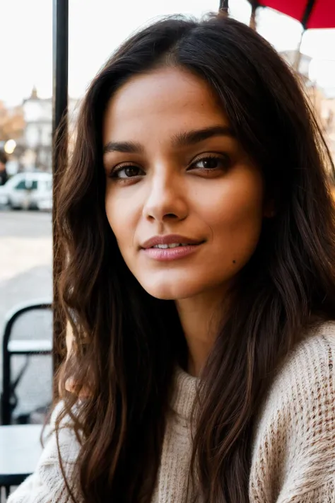 woman piercing eyes, looking straight, very happy,long hair, wearing loose sweater, closeup portrait, in a outdoor cafe in 2015, afternoon light,<lora:RachelZegler-RealVision-V1.0:1>
