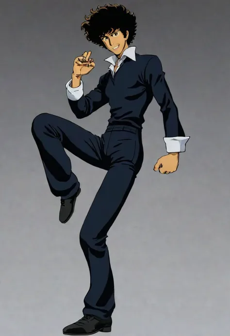 <lora:drunken-fist03:0.8>,fight stance,drunken fist,high kick,split,full body,<lora:Spike:0.8>,Spike Spiegel,brown eyes,smile,black hair,1boy,, (masterpiece, best quality, high quality, highres, ultra-detailed),