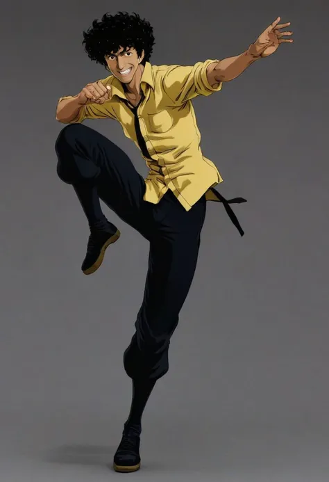 <lora:drunken-fist03:0.8>,fight stance,drunken fist,high kick,(flying kick:1.5),split,full body,<lora:Spike:0.8>,Spike Spiegel,brown eyes,smile,black hair,1boy,, (masterpiece, best quality, high quality, highres, ultra-detailed),