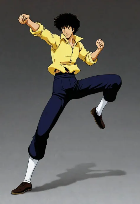 <lora:drunken-fist03:0.8>,fight stance,drunken fist,high kick,split,full body,<lora:Spike:0.8>,Spike Spiegel,brown eyes,smile,black hair,1boy, (masterpiece, best quality, high quality, highres, ultra-detailed),