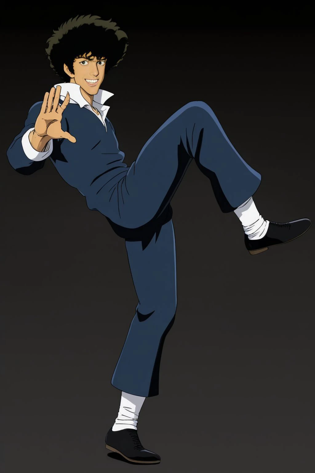 <lora:drunken-fist03:0.8>,fight stance,drunken fist,high kick,split,full body,<lora:Spike:0.8>,Spike Spiegel,brown eyes,smile,black hair,1boy,, (masterpiece, best quality, high quality, highres, ultra-detailed),