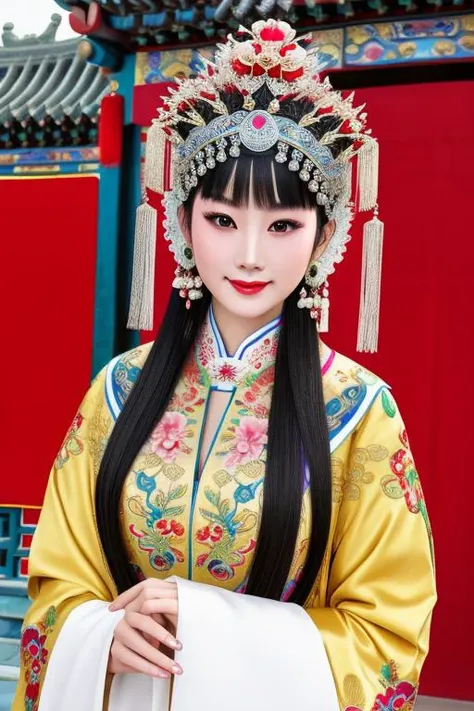 best quality, masterpiece, highres, 1girl,china dress,Beautiful face, hair ornament, solo,looking at viewer,smile,closed mouth,lips, china dress,dress,hair ornament, necklace, jewelry, long hair, earrings, chinese clothes, architecture,east asian architecture, in a costume, with a large headpiece, <lora:HuangMeiXi:0.5> <lora:koreandolllikeness_v15:0.2> <lora:3loraGuofeng3Lora_v32LoraBigLight:0.3>