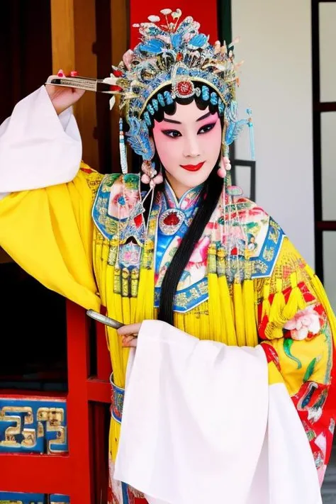 best quality, masterpiece, highres, 1girl,china dress,Beautiful face, hair ornament, solo,looking at viewer,smile,closed mouth,lips, china dress,dress,hair ornament, necklace, jewelry, long hair, earrings, chinese clothes, architecture,east asian architecture, in a costume, with a large headpiece, a large hair comb in her hand, <lora:HuangMeiXi:0.8> <lora:koreandolllikeness_v15:0.2>